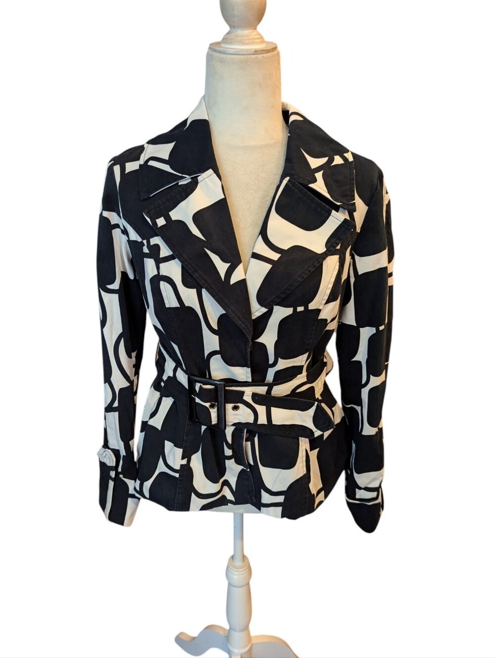 Vtg INC  Black and White Patterned Mod Belted Cropped Trench Coat Blazer Sz S